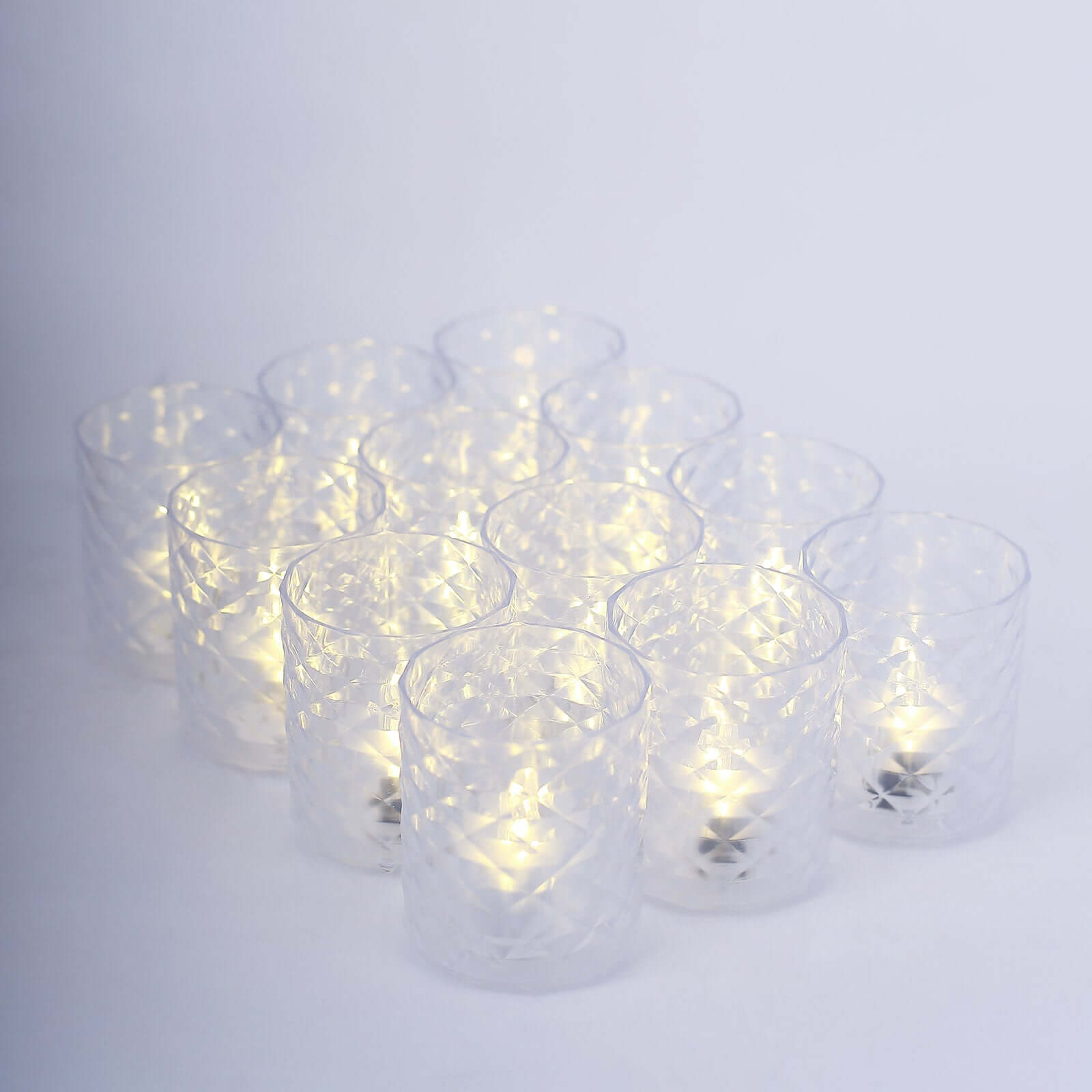 12-Pack LED Tealight Candle Holders Whiskey Glass Design Clear - Warm White Battery Operated Lights 3"