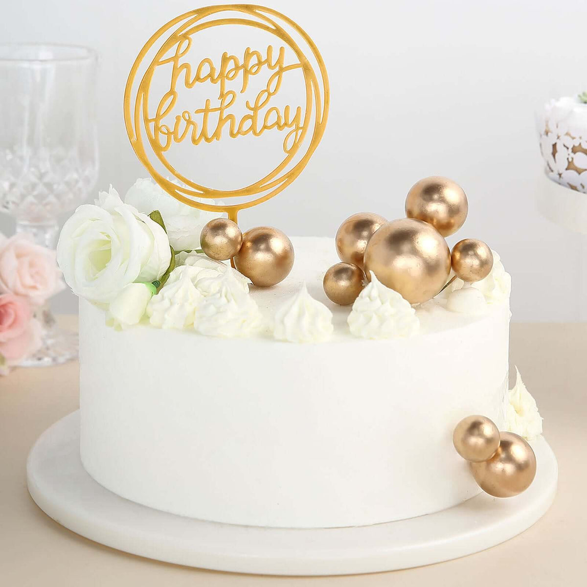 12 Pcs Cake Topper Picks Faux Pearl Ball Design Gold - Foam Balloon DIY Cupcake Decor Supplies Assorted Sizes