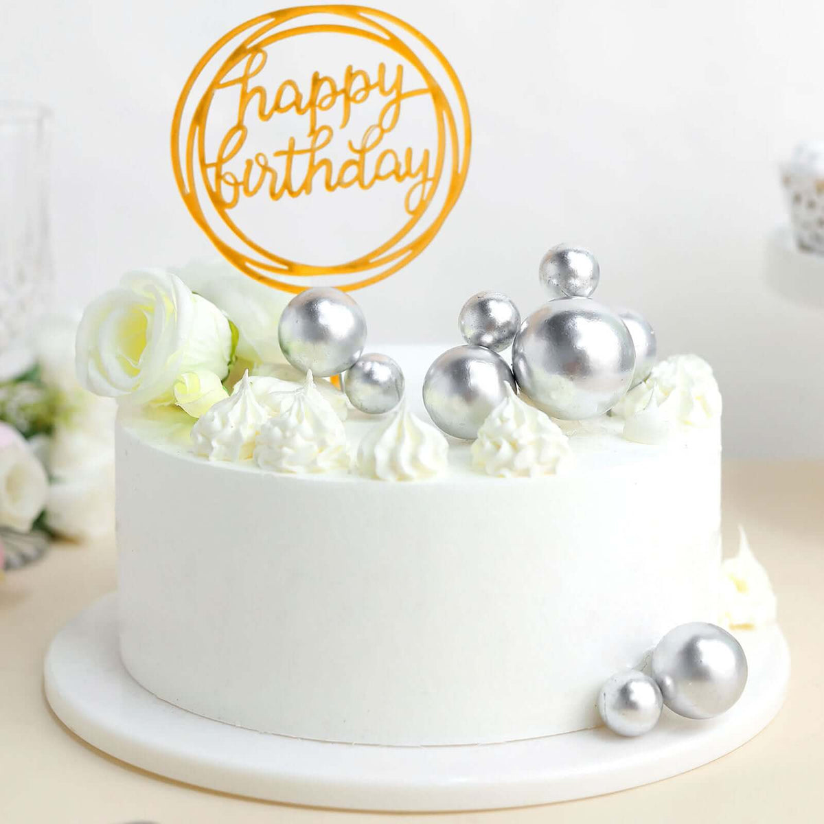 12 Pcs Cake Topper Picks Faux Pearl Ball Design Silver - Foam Balloon DIY Cupcake Decor Supplies Assorted Sizes