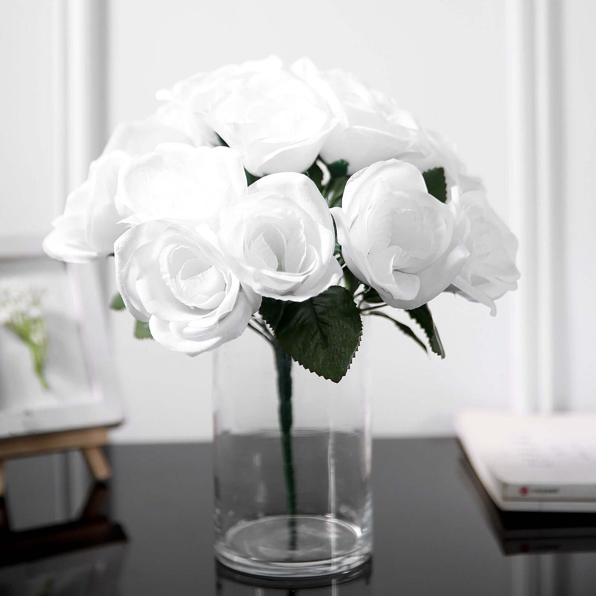 12" White Artificial Velvet-Like Fabric Rose Flower Bouquet Bush