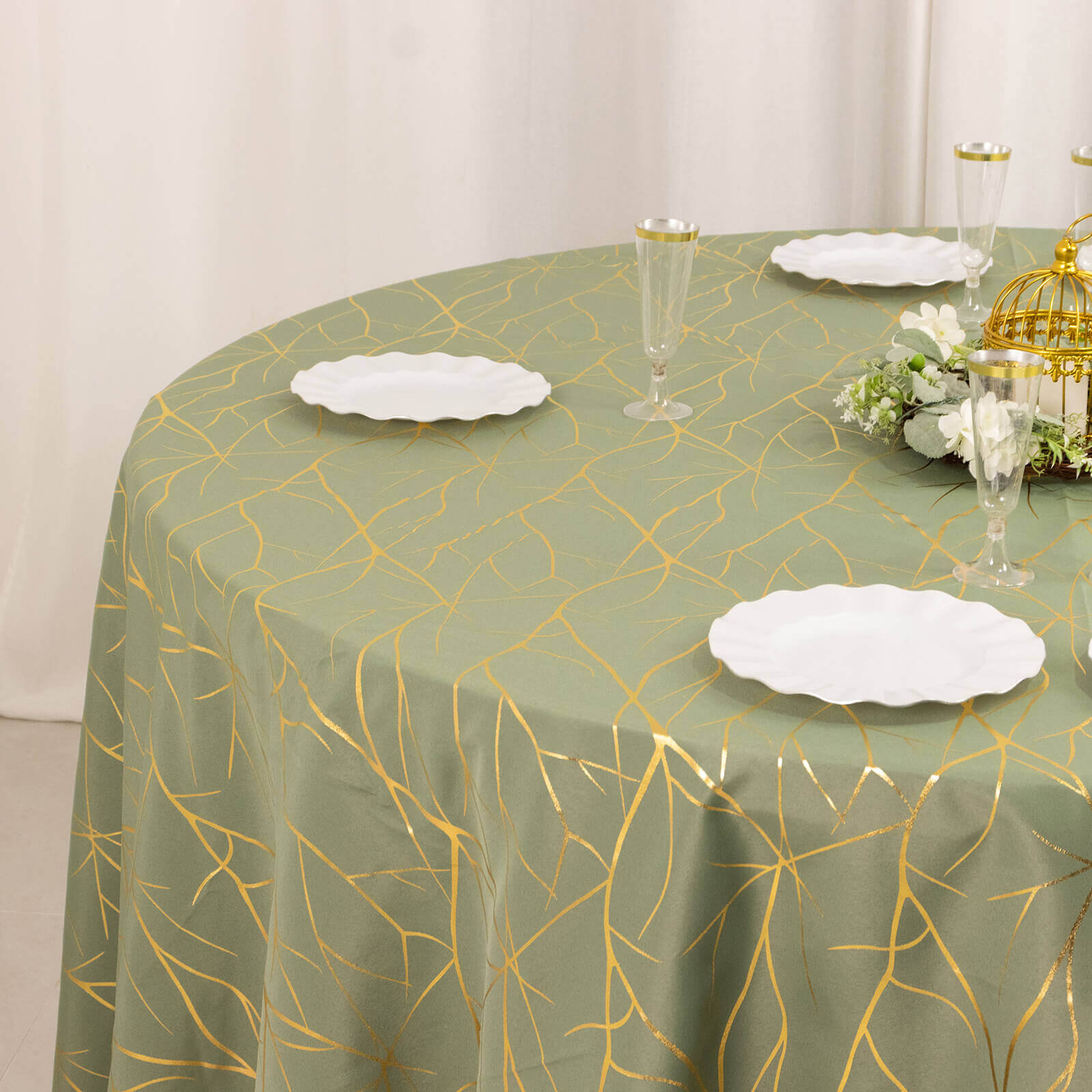 Polyester 120" Round Tablecloth Dusty Sage Green with Gold Foil Tree Branch Pattern - Wrinkle-Resistant Seamless Table Cover for Classy Events