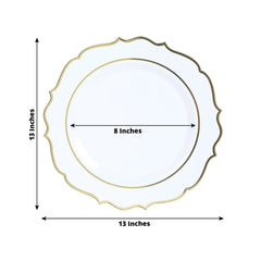 10-Pack Economy Plastic Round Charger Plates 13" in White with Gold Scalloped Rim, Decorative Dinner Party Serving Plates