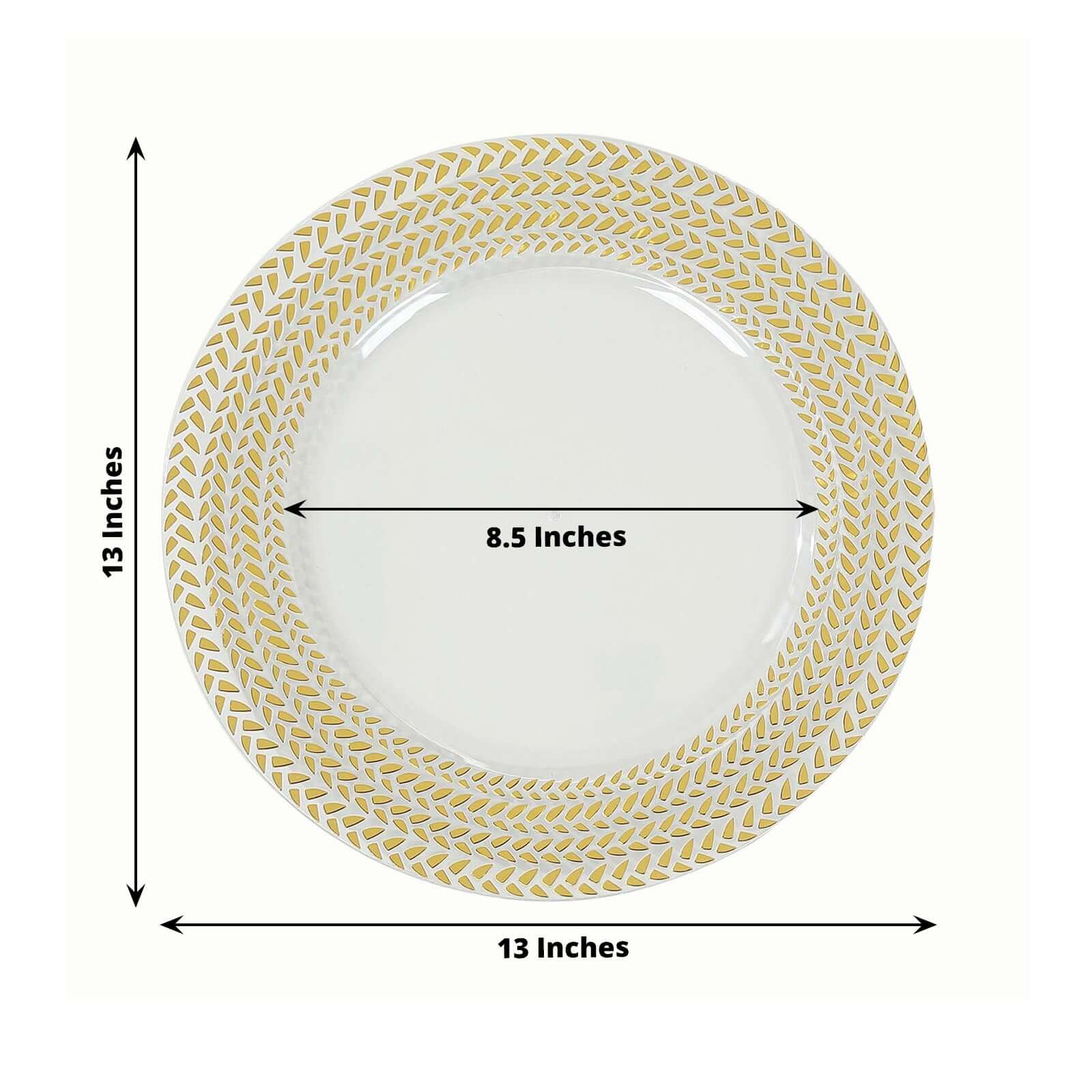 6-Pack Acrylic Round Charger Plates 13" in Clear with Gold Wheat Pattern Rim, Stylish Dinner Party Charger Tableware
