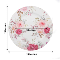 6-Pack Plastic Round Charger Plates 13" in White with Assorted Rose Floral Print, Decorative Dinner Party Charger Tableware