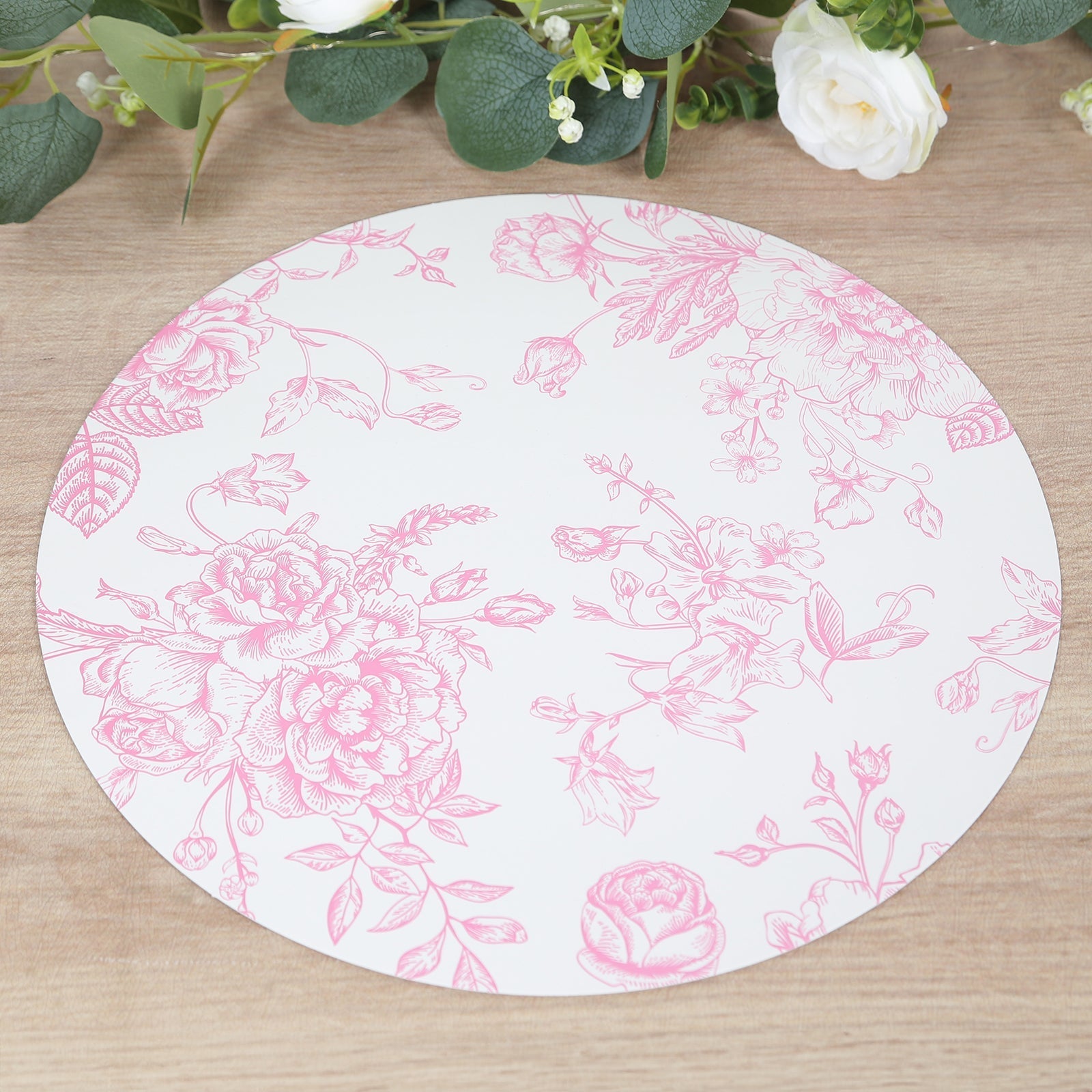 10-Pack Disposable Table Placemats in French Toile Print 13" in White/Matte Pink - Chic Floral Cardboard Placemats for Stylish Table Setting