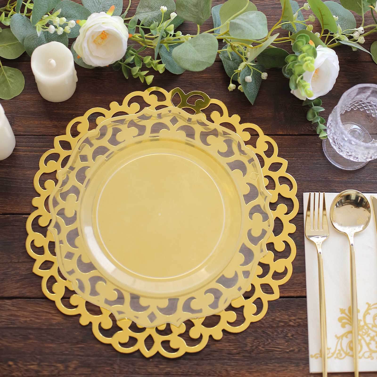 6-Pack Disposable Table Placemats in Metallic Gold with Laser Cut Floral Rim - 400GSM Cardboard Placemats for Glamorous Table Settings 13"