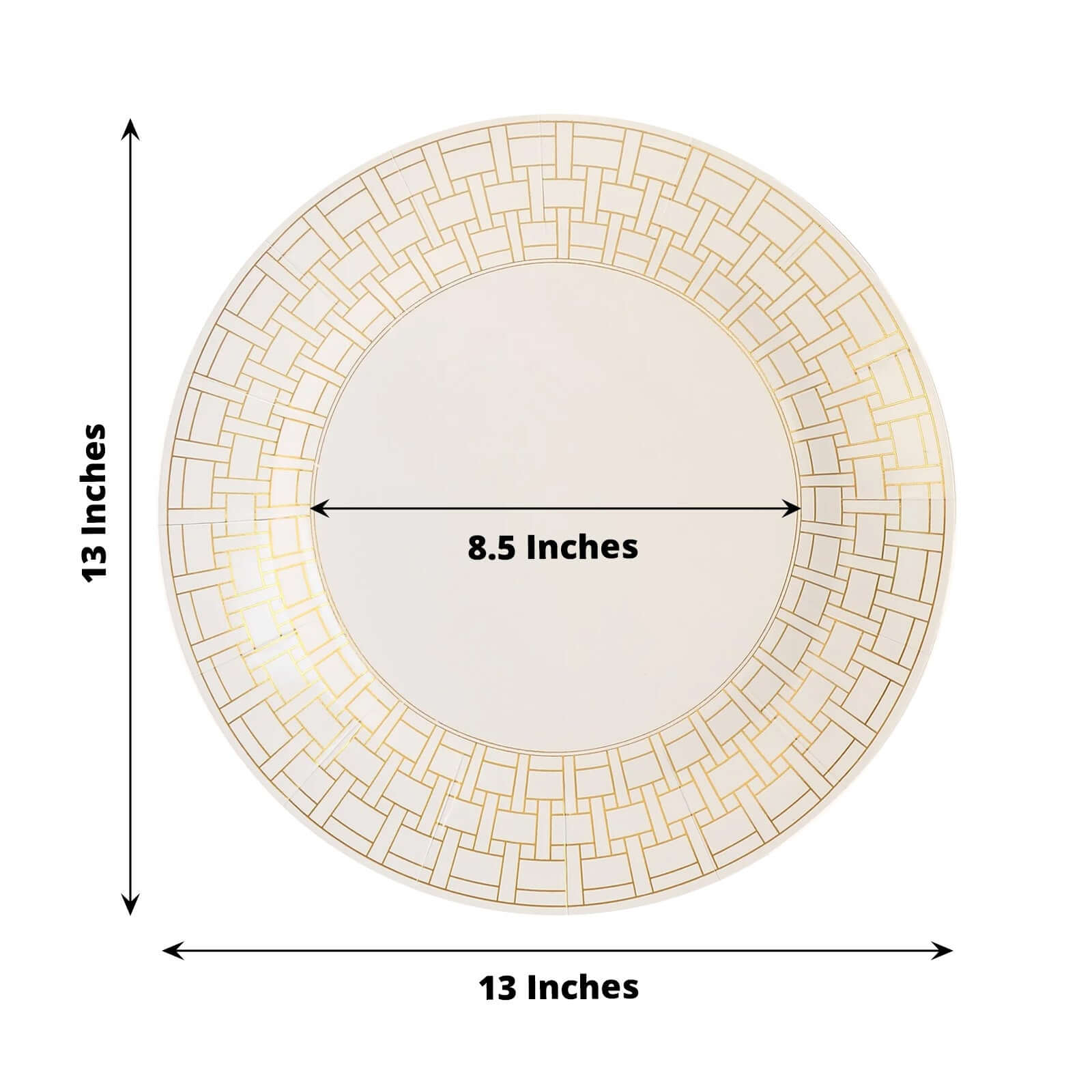 10-Pack Cardstock Paper Charger Plates in White with Gold Basketweave Pattern Rim - 650GSM Cardboard Placemats for Weddings & Banquets 13"