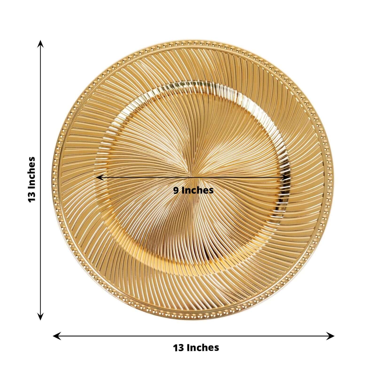 6-Pack Acrylic Round Charger Plates 13" in Metallic Gold Swirl Pattern with Beaded Rim, Plastic Decorative Dinner Party Charger Tableware