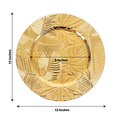 6-Pack Acrylic Round Charger Plates 13" in Metallic Gold with Embossed Tropical Leaves, Decorative Dinner Charger Tableware