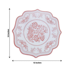 10-Pack Disposable Table Placemats 13" Round Placemats in White with Pink Damask Floral Pattern & Scalloped Rim - 400GSM Cardboard Placemats for Stylish Table Setting