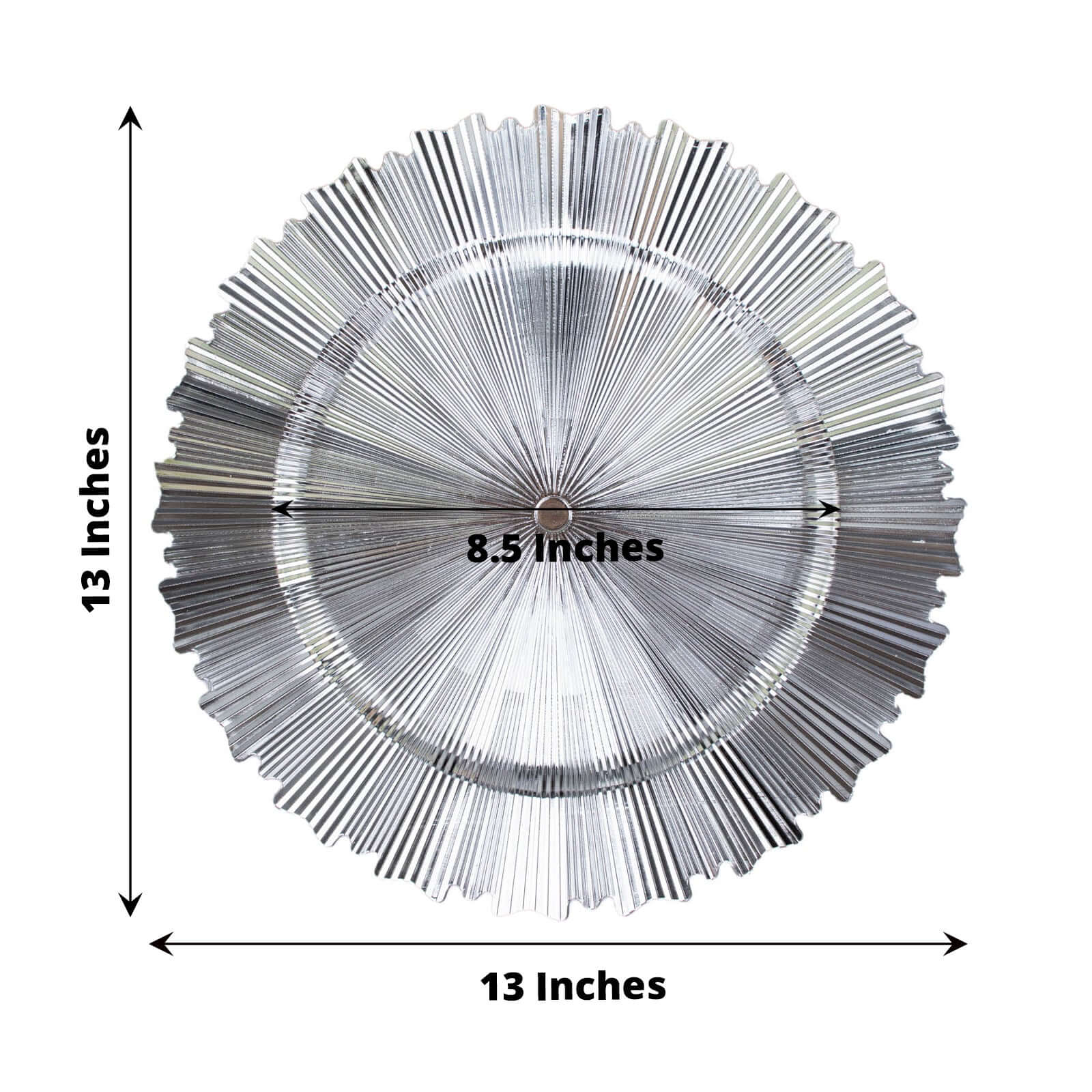 6-Pack Acrylic Plastic Round Charger Plates 13" in Metallic Silver with Sunray Scalloped Rim, Decorative Dinner Party Charger Tableware