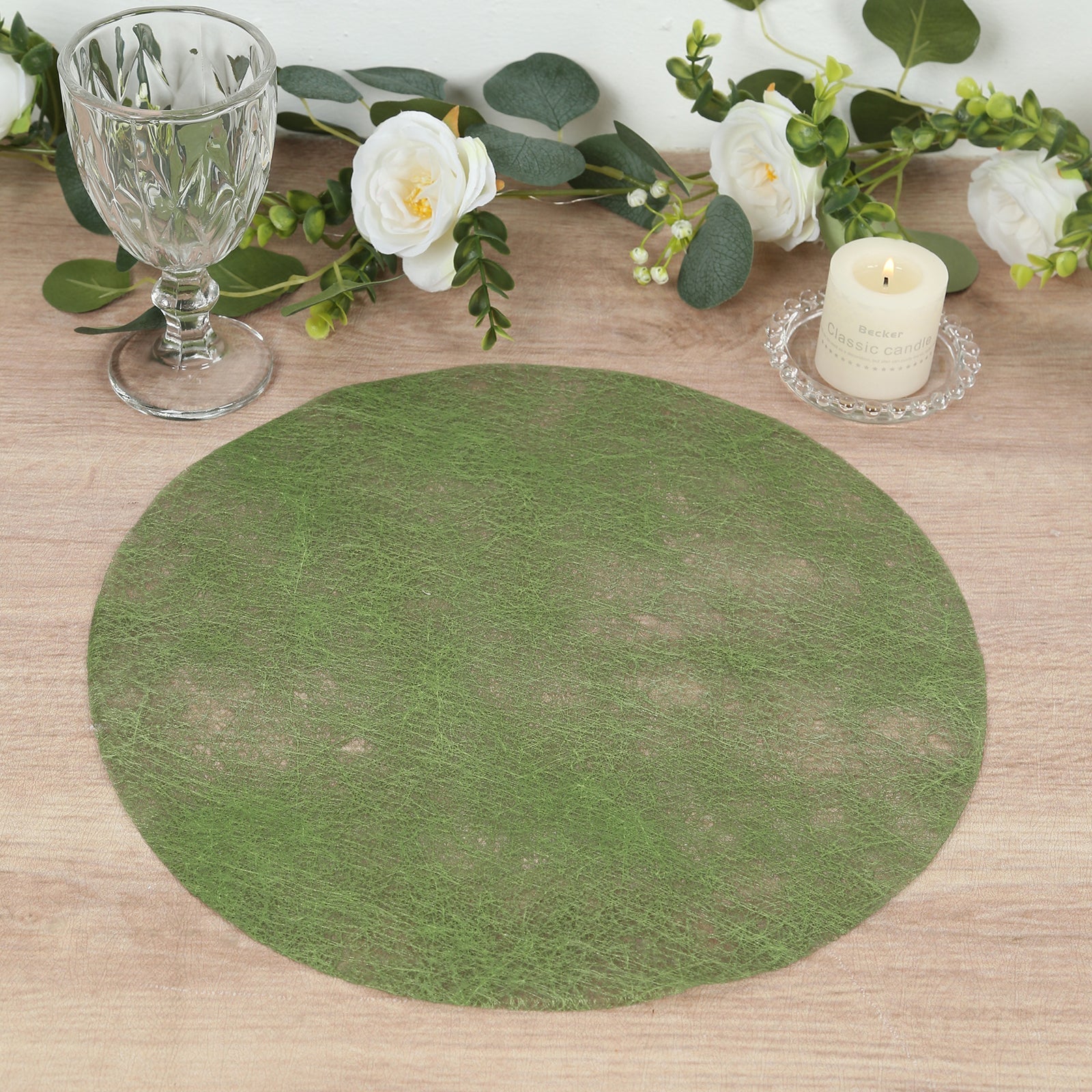 50 Pack Disposable Olive Green Placemats, 13" Non-Woven Mesh Fiber Round Table Mats for Dining & Events