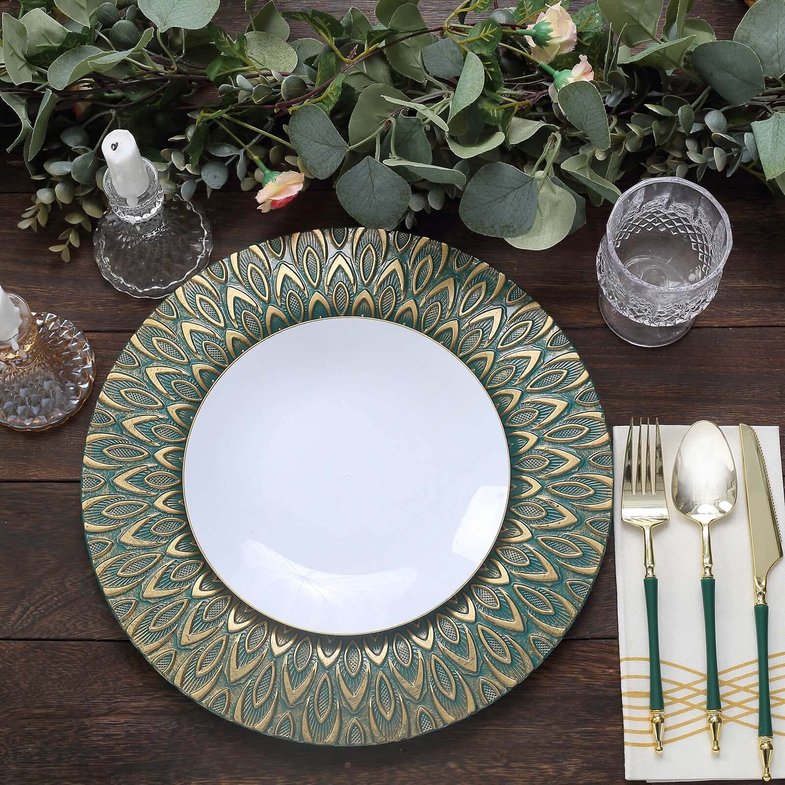 6-Pack Plastic Round Charger Plates 13" in Teal with Gold Embossed Peacock Pattern, Stylish Disposable Charger Tableware