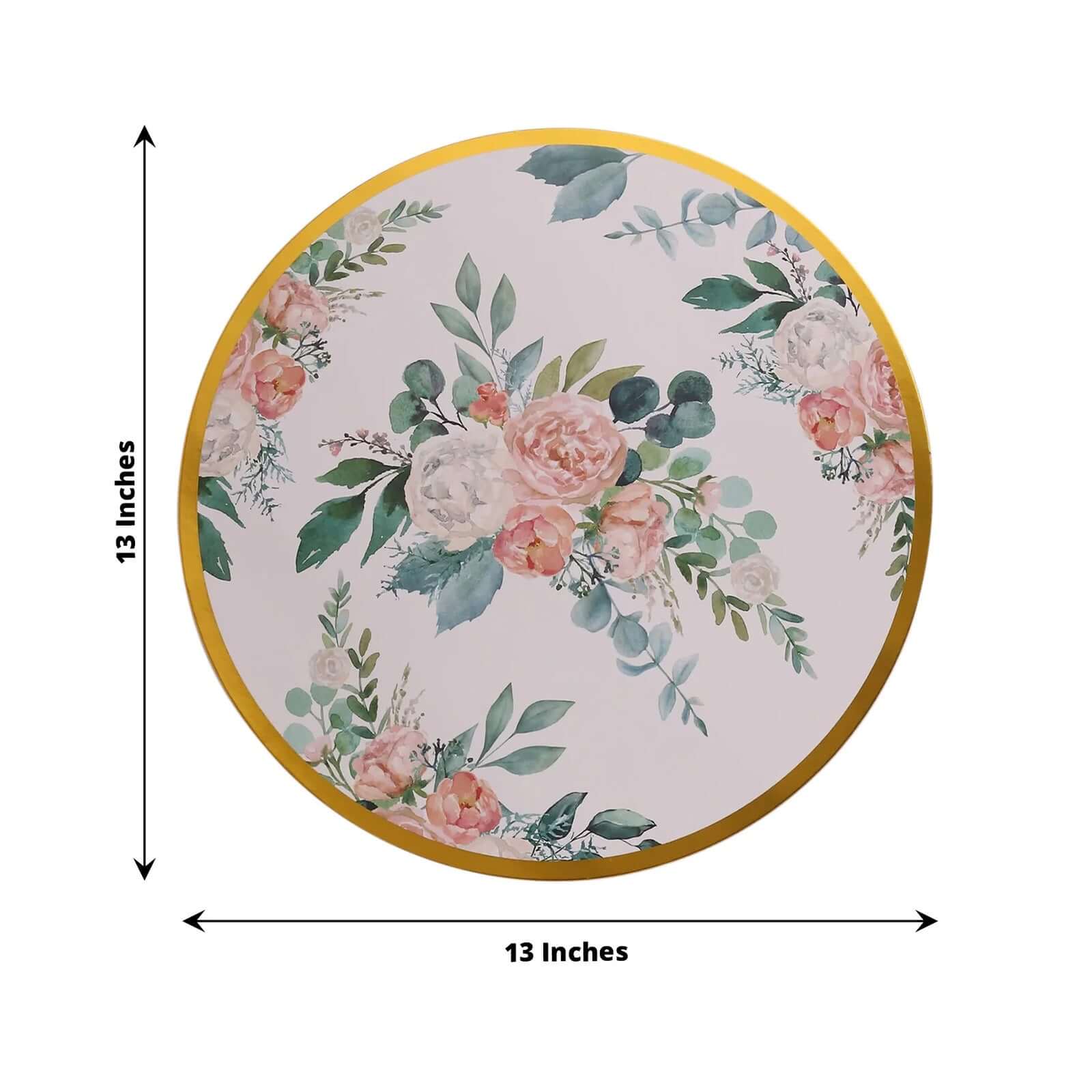 6-Pack Disposable Charger Plates in Floral Print 13" in White/Pink with Gold Rim - 700GSM Paper Chargers for Stylish & Easy Cleanup