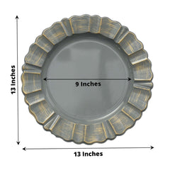 6-Pack Acrylic Plastic Round Charger Plates 13" in Charcoal Gray with Gold Brushed Wavy Scalloped Rim, Decorative Dinner Party Charger Tableware