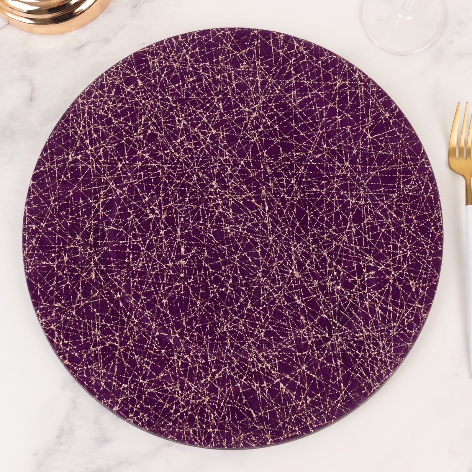 6-Pack Acrylic Round Charger Plates 13" in Purple with Gold Glitter Abstract Lines Pattern, Decorative Dinner Party Charger Tableware