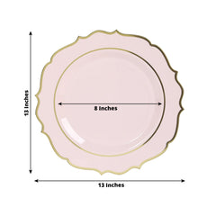 10-Pack Economy Plastic Round Charger Plates 13" in Blush with Gold Scalloped Rim, Decorative Dinner Party Serving Plates