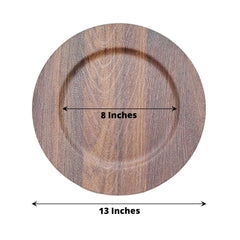 6-Pack Plastic Round Charger Plates 13" in Dark Brown with Faux Wood Finish, Rustic Boho Chic Dinner Party Charger Tableware