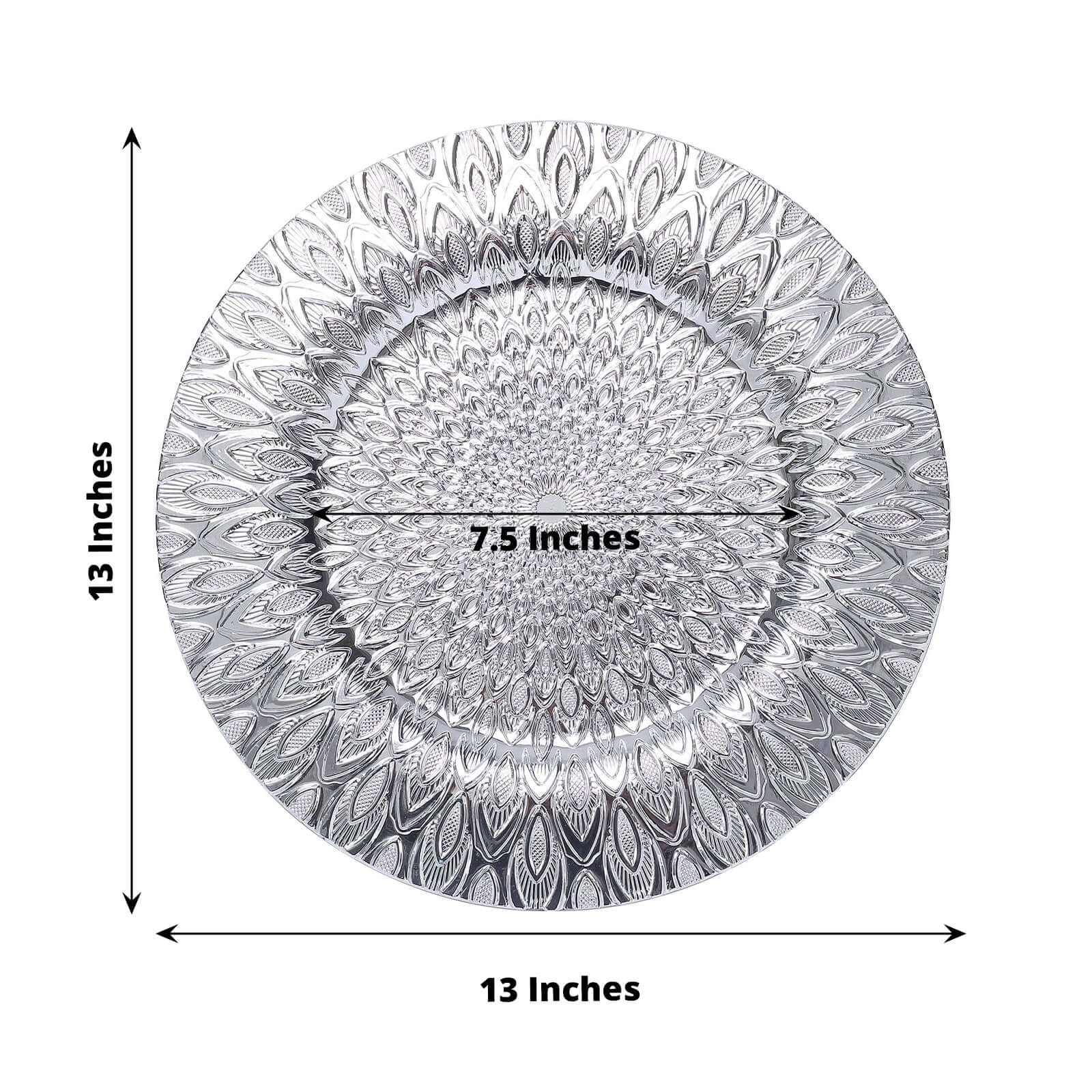 6-Pack Plastic Round Charger Plates 13" in Silver with Embossed Peacock Pattern, Stylish Disposable Charger Tableware