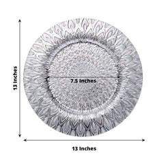 6-Pack Plastic Round Charger Plates 13" in Silver with Embossed Peacock Pattern, Stylish Disposable Charger Tableware