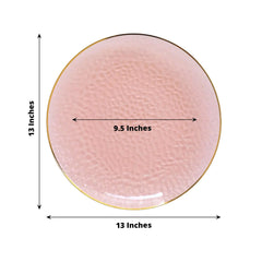 10 Pack Economy Plastic Round Charger Plates 13" in Transparent Blush Hammered Design with Gold Rim, Decorative Dinner Party Serving Plates