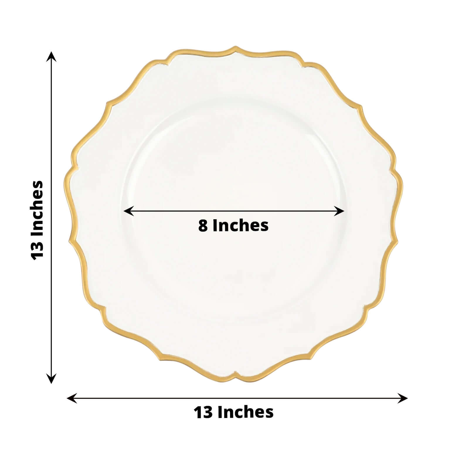 6-Pack Acrylic Round Charger Plates 13" in White with Gold Scalloped Rim, Decorative Dinner Party Plastic Charger Tableware