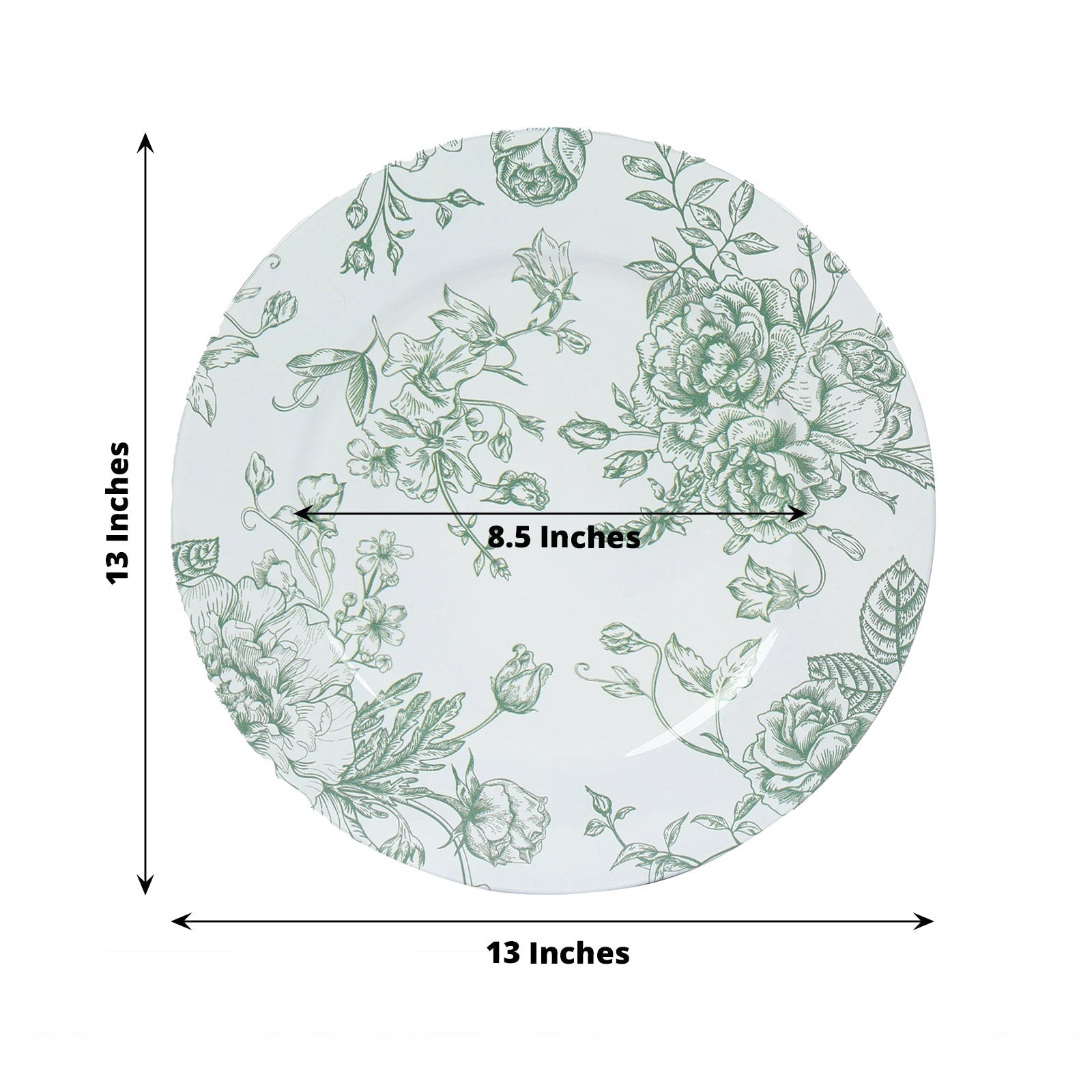 6 Pack Round Floral Acrylic Charger Plates in French Toile Pattern, 13" White Sage Green Dinner Charger Event Tabletop Decor