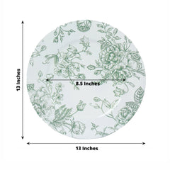 6 Pack Round Floral Acrylic Charger Plates in French Toile Pattern, 13" White Sage Green Dinner Charger Event Tabletop Decor