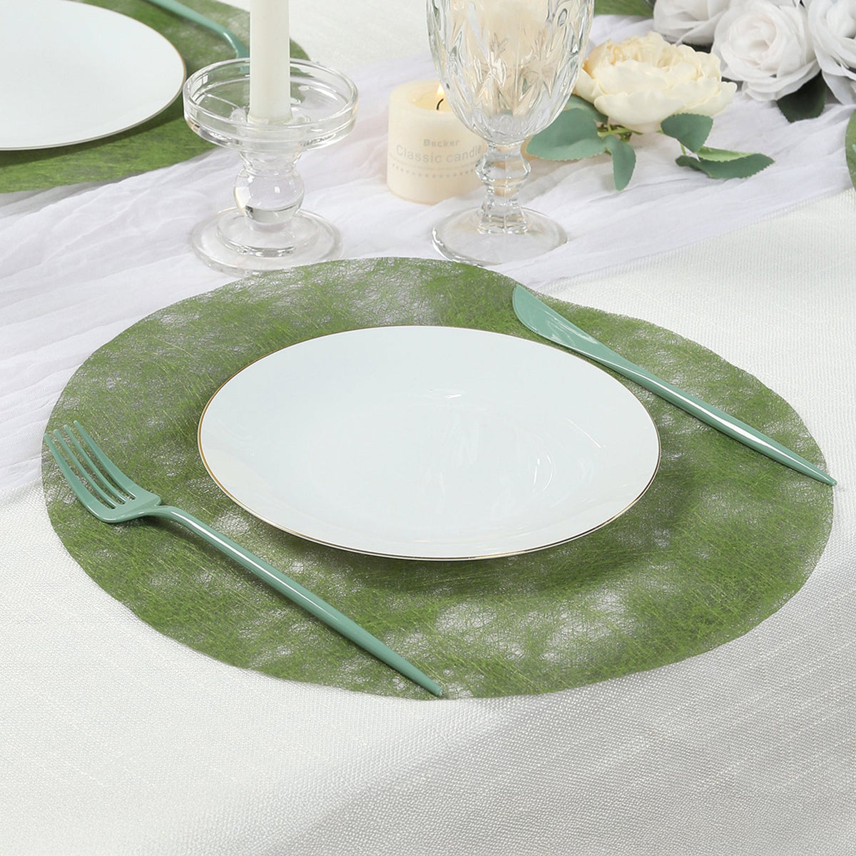 50 Pack Disposable Olive Green Placemats, 13" Non-Woven Mesh Fiber Round Table Mats for Dining & Events