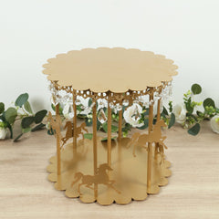 Metal Round Pedestal Cake Stand Gold Carousel Design with Hanging Acrylic Beads for Cupcakes & Pastries 14"