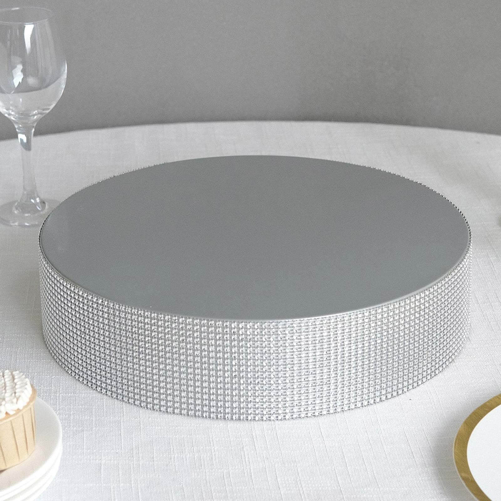 Metal Pedestal Cake Stand Round Design with Rhinestones Silver - Cupcake Holder and Dessert Table Centerpiece 14"