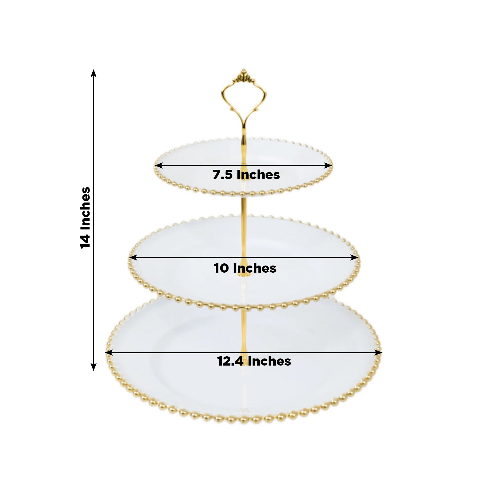 14" White 3-Tier Plastic Dessert Display Stand With Gold Beaded Rim, Round Cupcake Tower Tea Party Serving Platter With Top Handle
