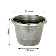 14" Silver Chrome Finished Rim Large Barrel Planter Pot, Indoor Outdoor Decorative Flower Pot
