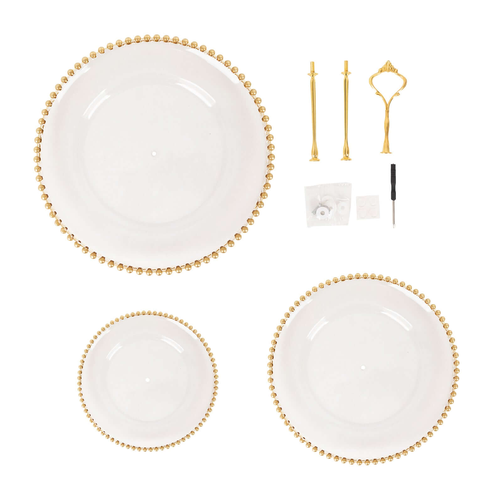 3-Tier Plastic Round Cupcake Tower Stand Clear - Versatile Dessert Display Tea Party Serving Platter with Gold Beaded Rim & Top Handle 14"