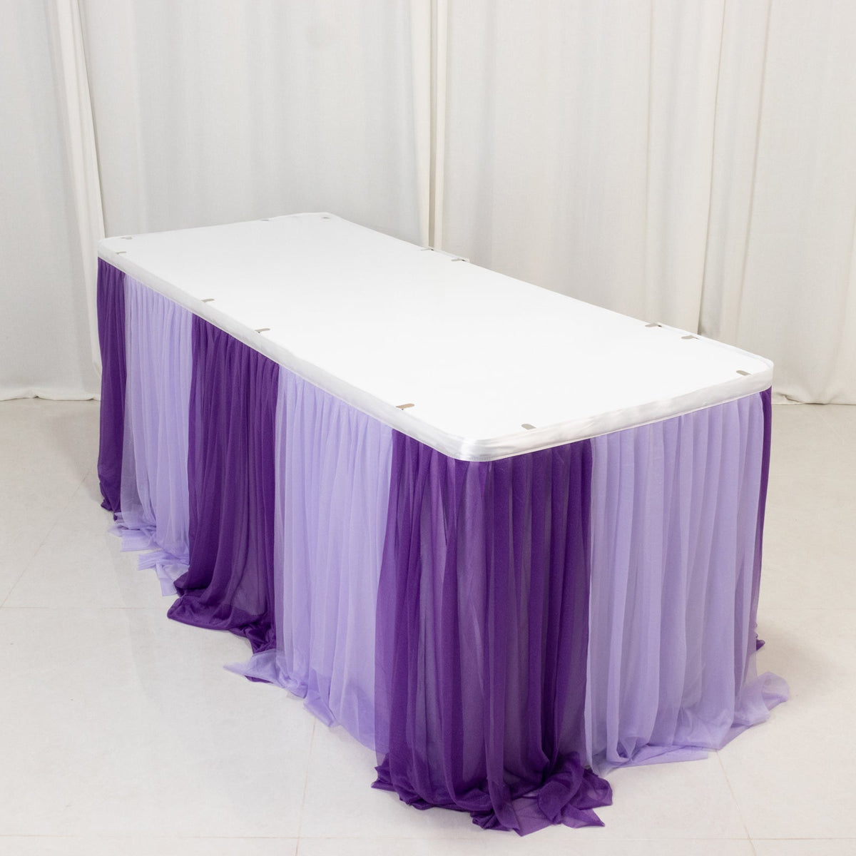 14ft Sheer Pleated Ruffle Skirting Chiffon Table Skirt - Purple and Lavender, Shimmer Sheer, Wrinkle-Free Fabric