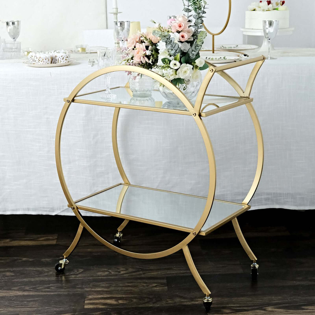 Gold Metal Bar Cart with Mirror Serving Tray 2-Tier - Round Teacart Island Trolley for Events 2.5ft