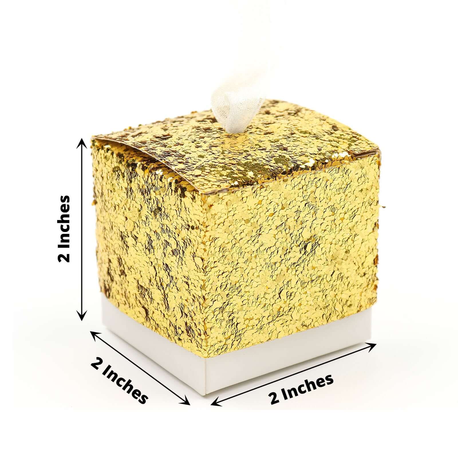 25 Pack 2" Gold Sequin Glitter Party Favor Boxes With White Ribbon Loop, Wedding Favor Gift Boxes, Candy Cases