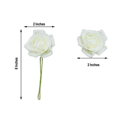 24 Roses 2" Ivory Artificial Foam Flowers With Stem Wire and Leaves