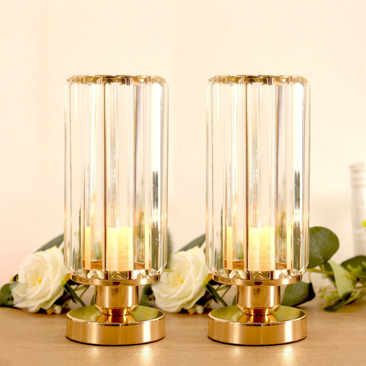 2 Pack 11" Crystal Pendant Hurricane Candle Holders in Gold, Elegant Cylinder Design for Pillar Candles, Short-Stemmed, Decorative Table Centerpieces