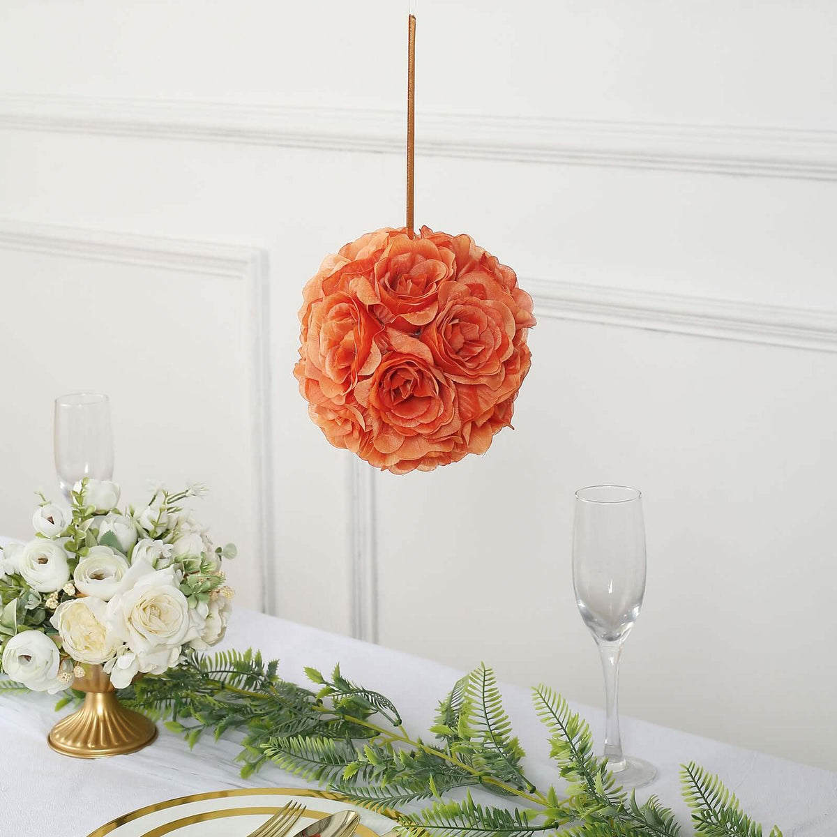 2 Pack 7" Terracotta (Rust) Artificial Silk Rose Kissing Ball, Faux Flower Ball
