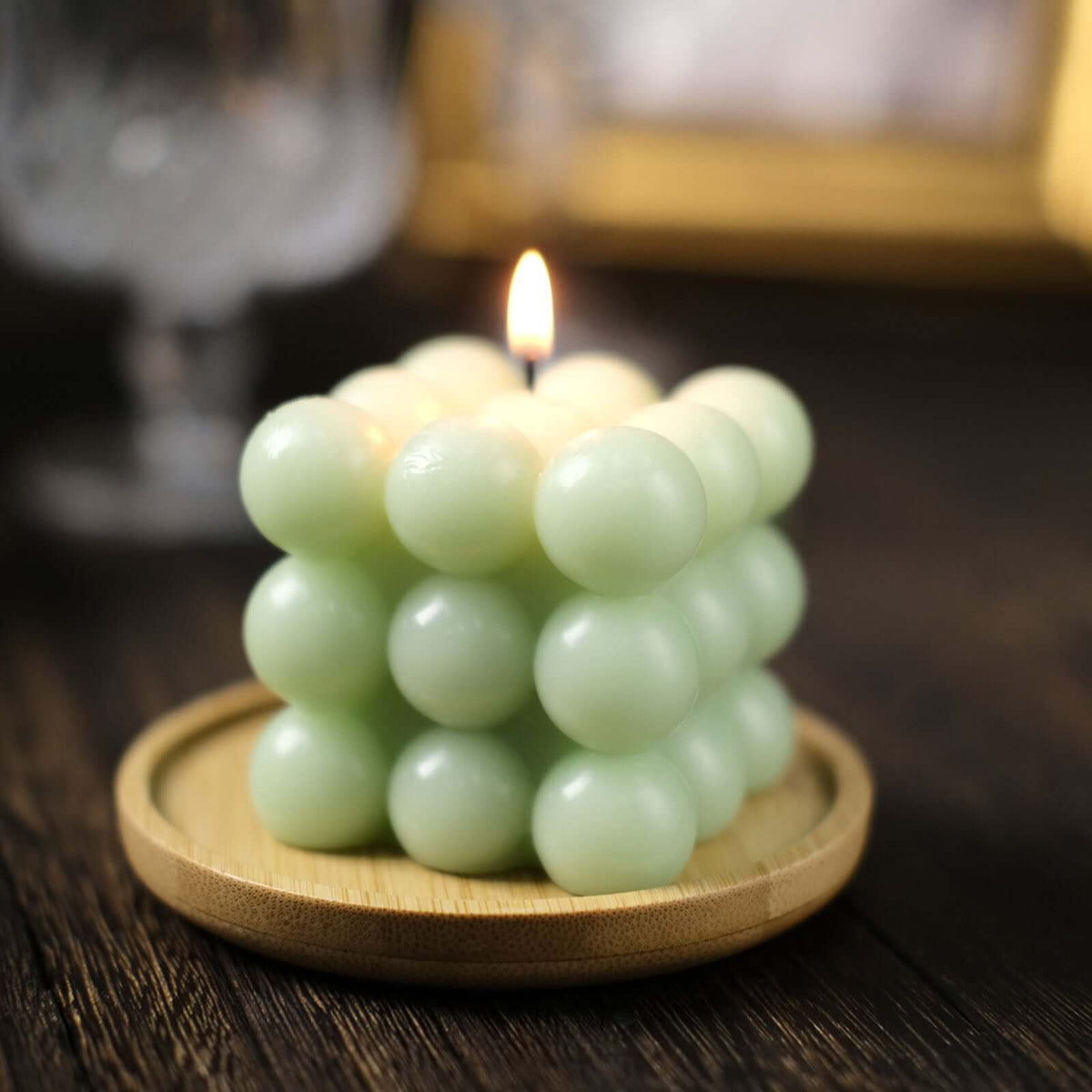 2-Pack Decorative Paraffin Wax Candles Bubble Cube Design Sage Green - Unscented Long Burning Pillar Candle Set 2"