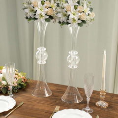 2-Pack Flower Vases Trumpet Design with Crystal Embellishments Clear - Reversible Plastic Table Centerpieces 21"
