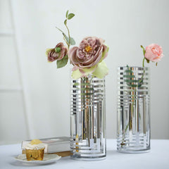 2-Pack Glass Cylinder Vases Silver Striped - Sophisticated Flower Centerpieces for Events 11"