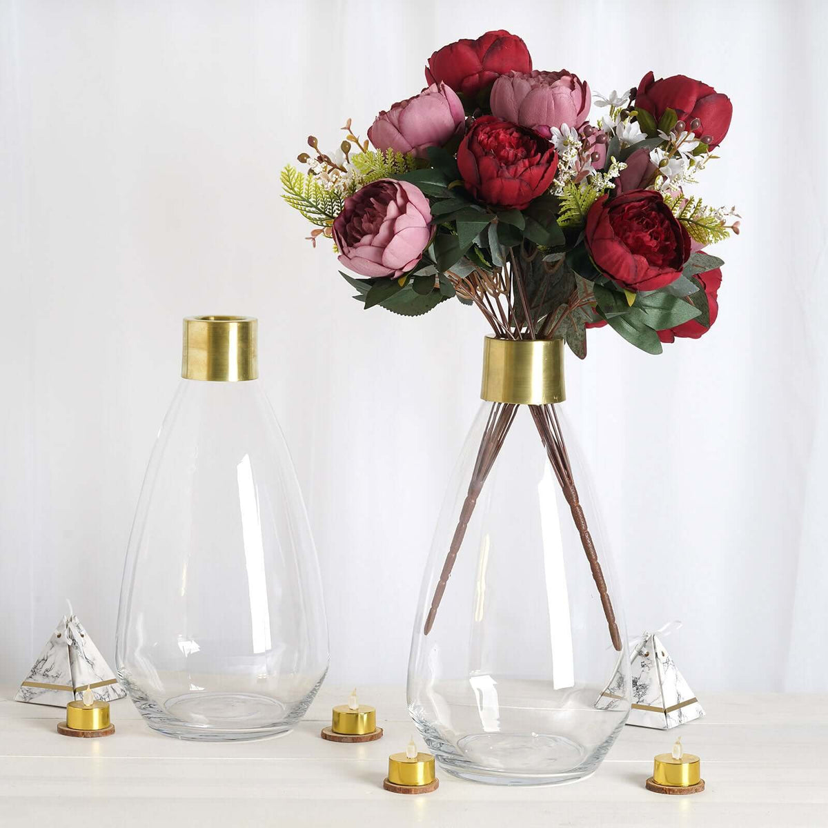 2-Pack Glass Flower Vases Teardrop Design Clear with Gold Metal Top - Stylish Event Table Centerpieces 14"