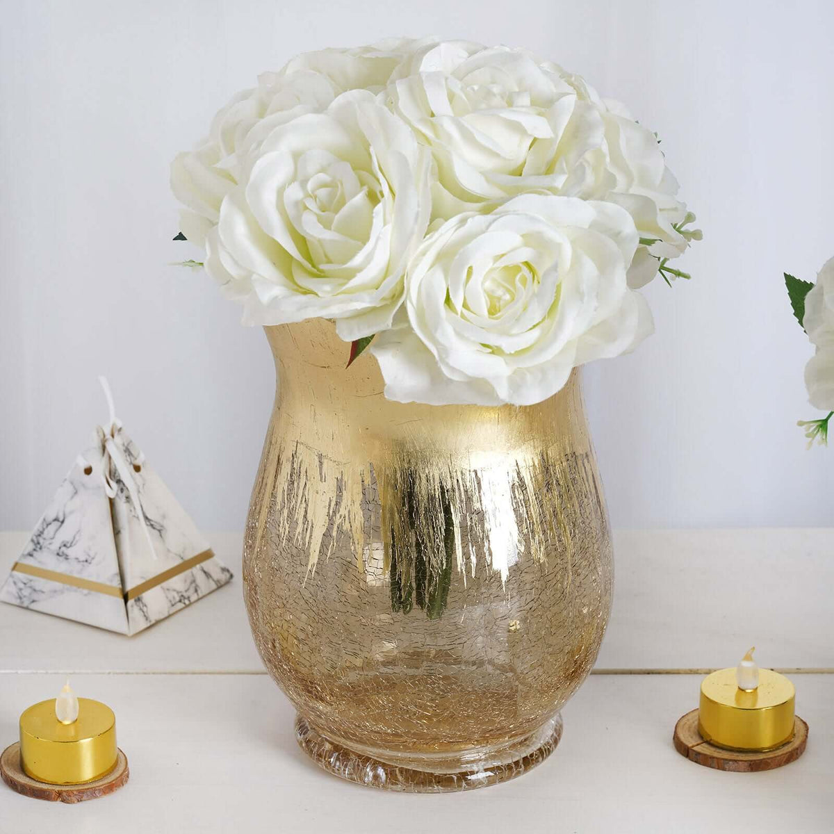 2-Pack Glass Hurricane Vases Bell Shaped Crackle Gold Curvy Design - Stylish Candle Holder Centerpieces 8"