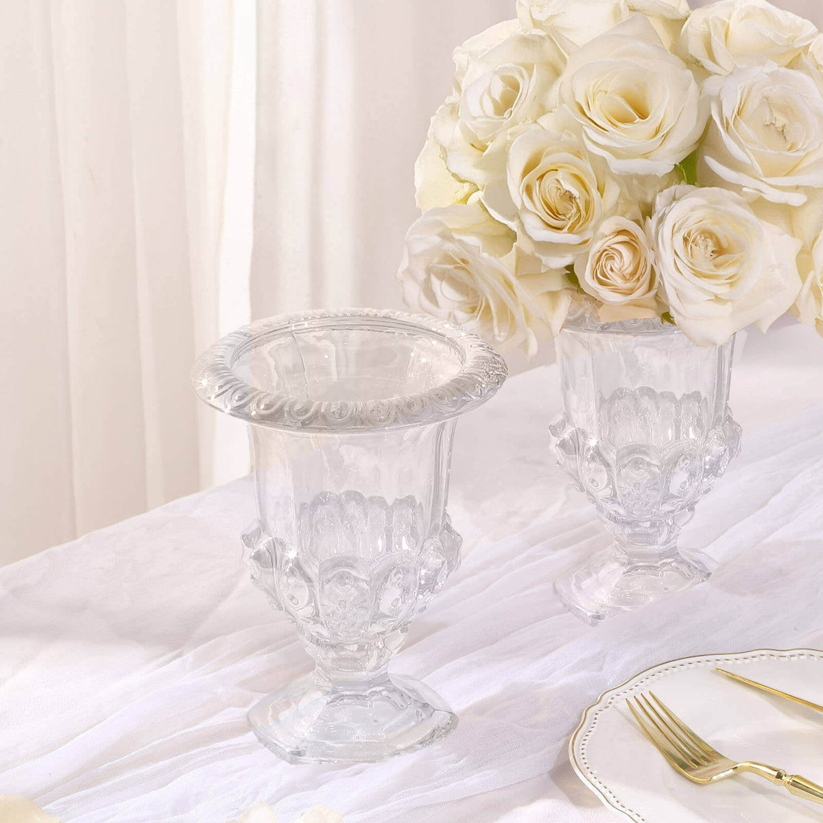 2-Pack Glass Mini Pedestal Flower Vases in Classic Roman Urn Style Clear - Sophisticated Wedding Table Centerpieces 8"