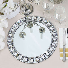 2-Pack Glass Mirror Round Charger Plates 13" in Silver with Jeweled Rim - Premium Decorative Dinner Party Charger Tableware