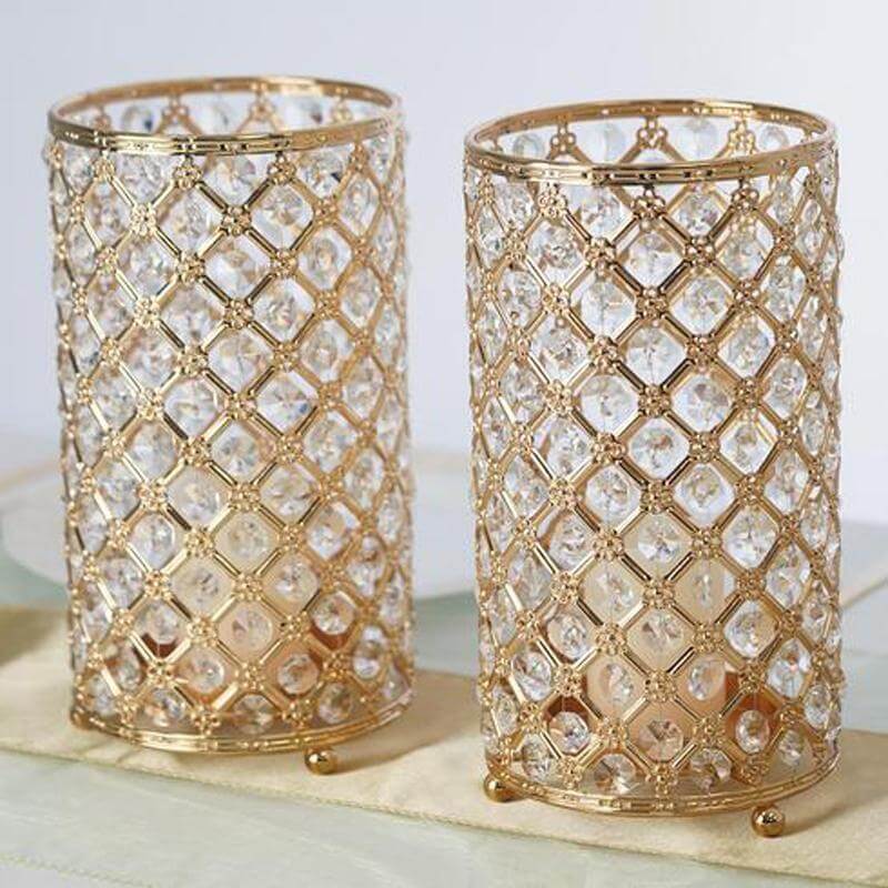 2-Pack Metal Crystal Beaded Pillar Holders Gold - Versatile Stem Vase Set for Decor 9"