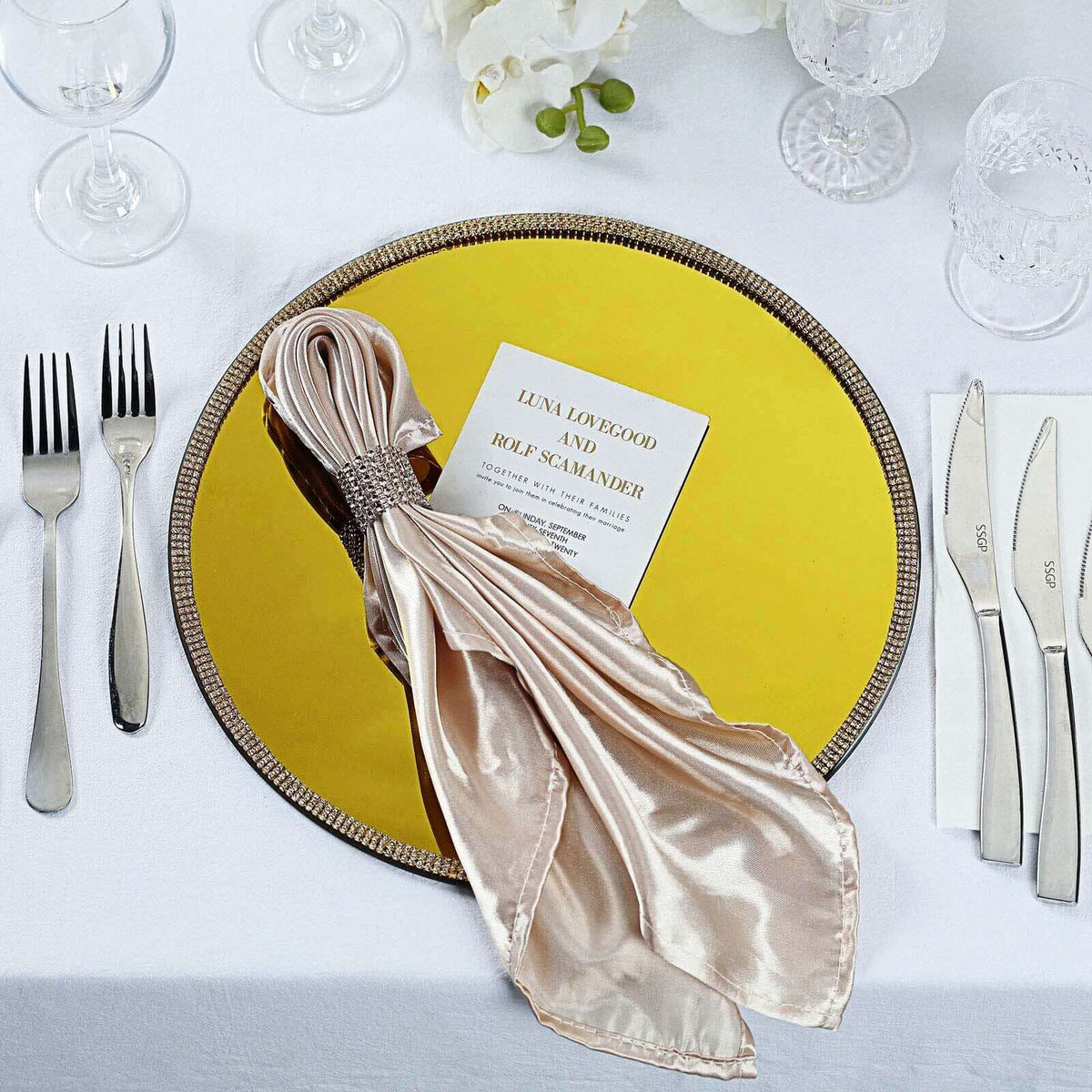 2-Pack Mirror Glass Round Charger Plates 13" with Metallic Gold Mirror Rhinestone Rim, Dazzling Decorative Chargers