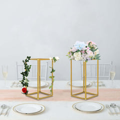 2-Pack Wedding Flower Stand Gold Metal Geometric Column Frame Rectangular - Versatile Floral Pedestal for Sophisticated Arrangements 12"